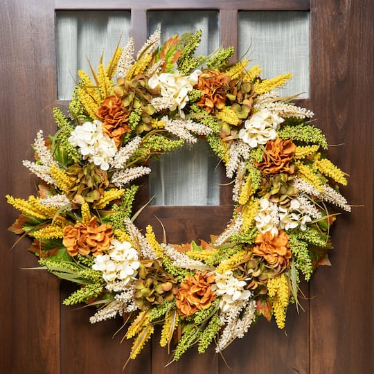 28" White & Orange Hydrangea Artificial Fall Harvest Twig Wreath